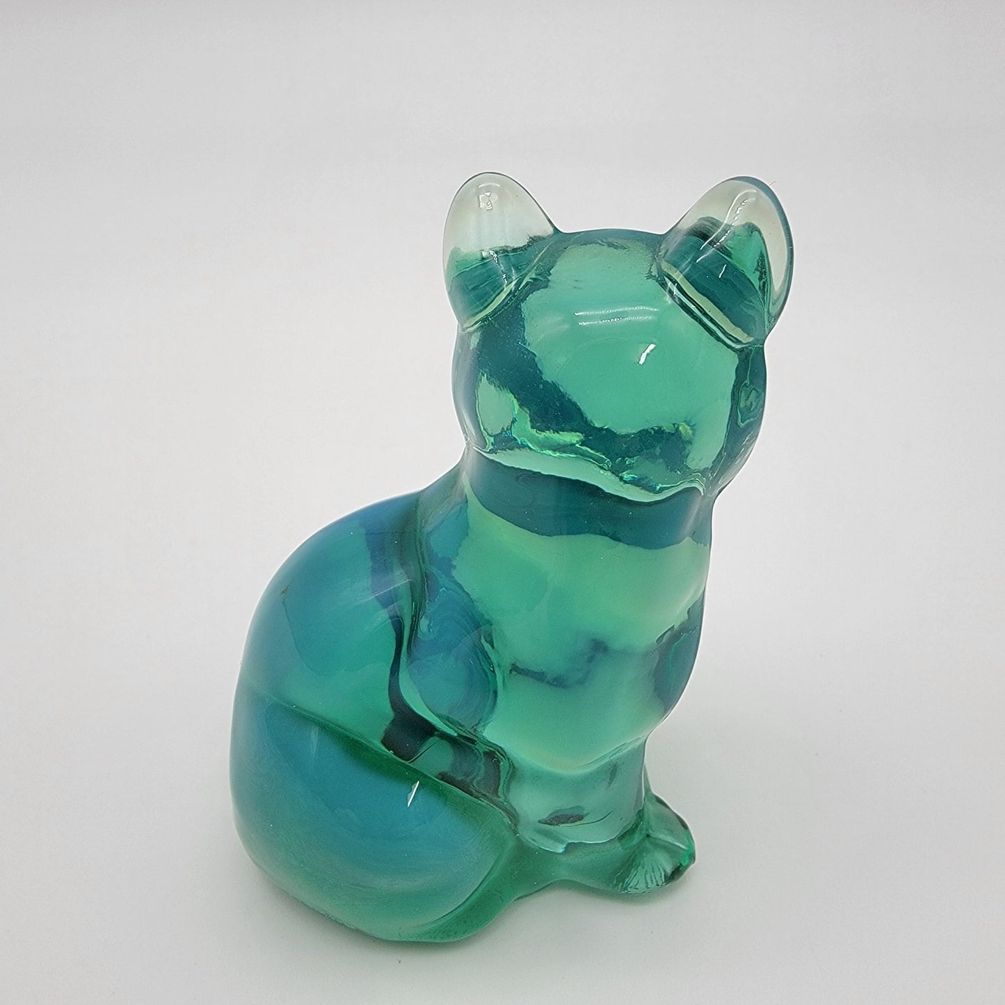 Fenton Green Opalescent Art Glass Sitting Cat Sculpture