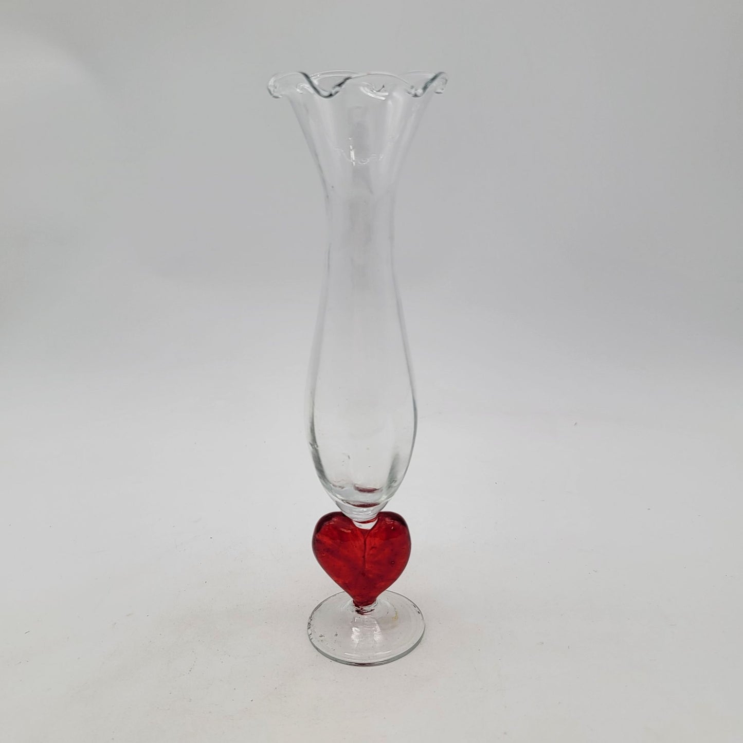 Handblown Clear Glass Bud Vase With Red Heart Accent