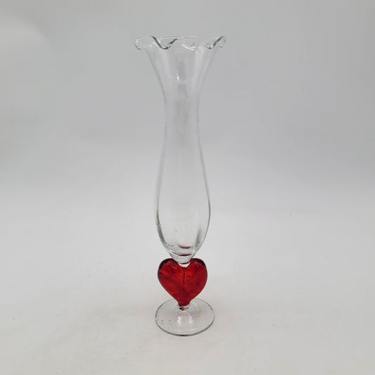 Handblown Clear Glass Bud Vase With Red Heart Accent