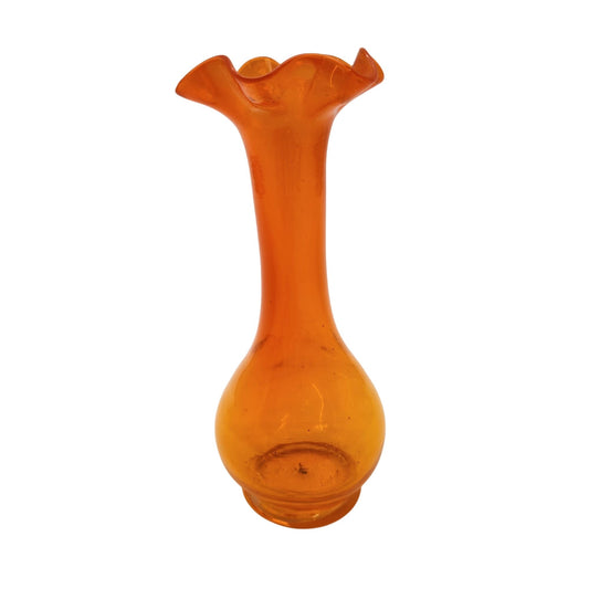 Orange Art Glass Bud Vase With Ruffled Edge