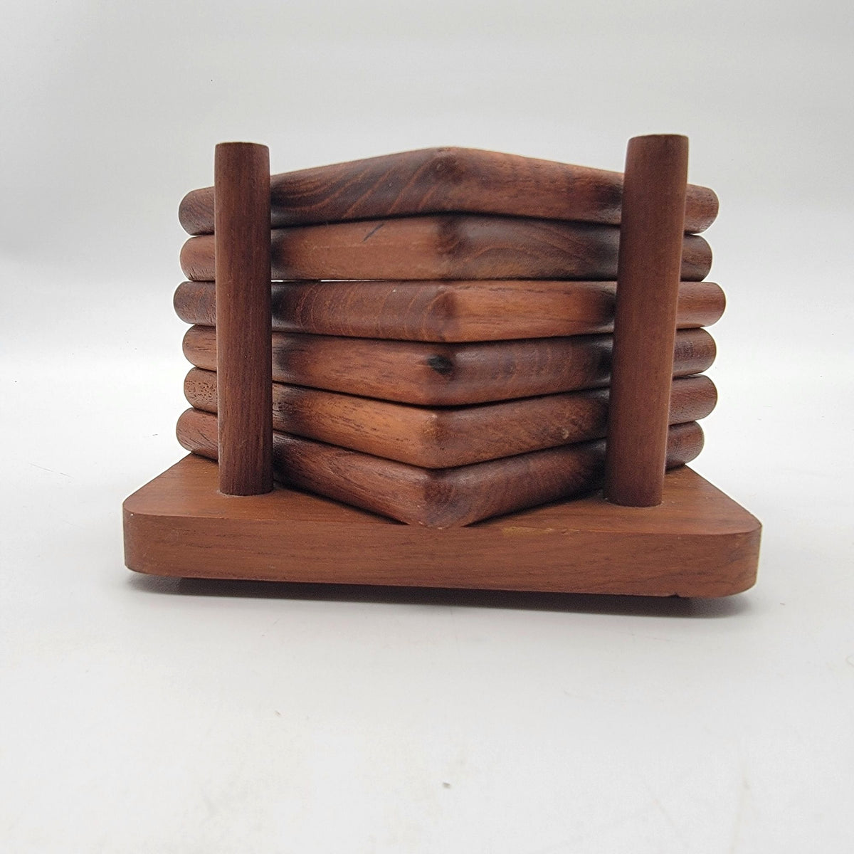 Vintage Teak Wood Coasters & Holder Set Of 6