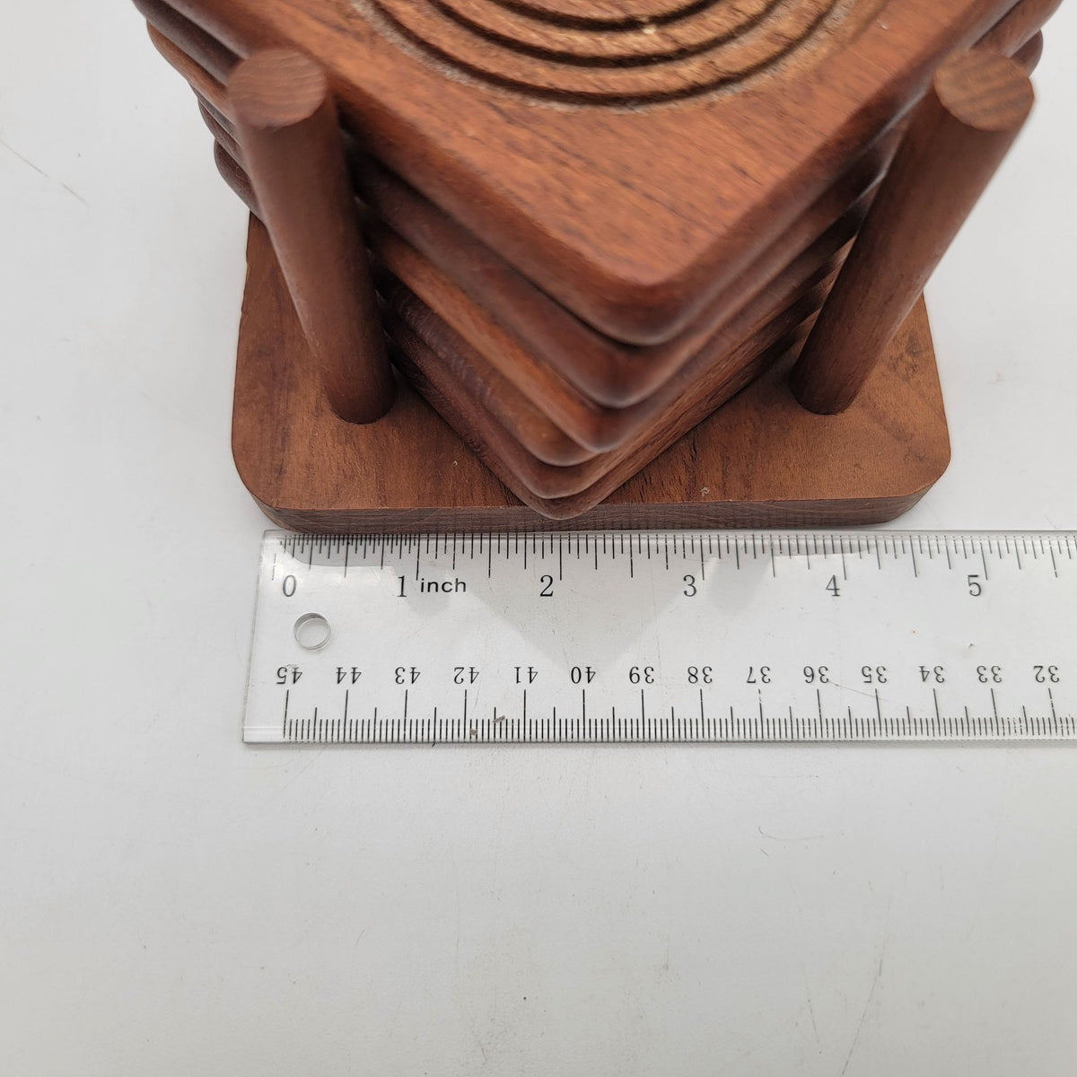 Vintage Teak Wood Coasters & Holder Set Of 6