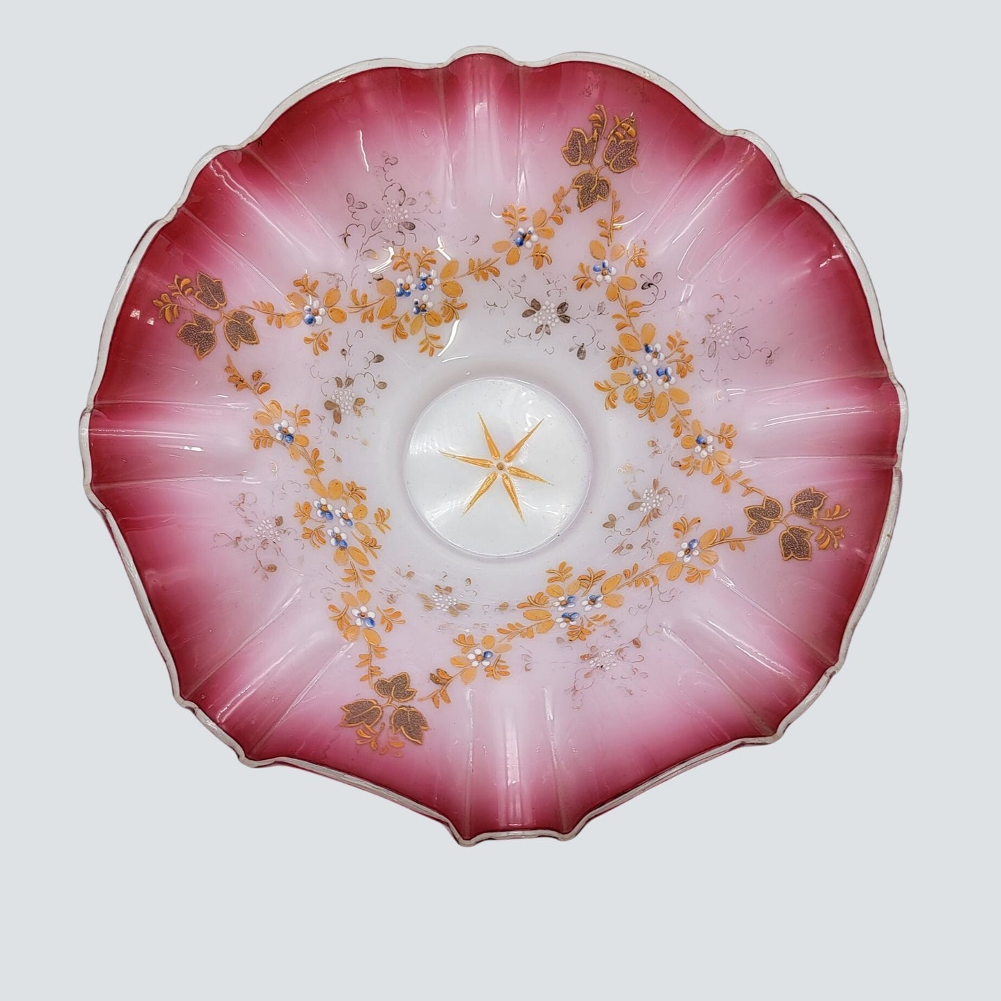 Antique Victorian Hand Painted Glass Brides Basket Pink & White Floral Ruffled Edge