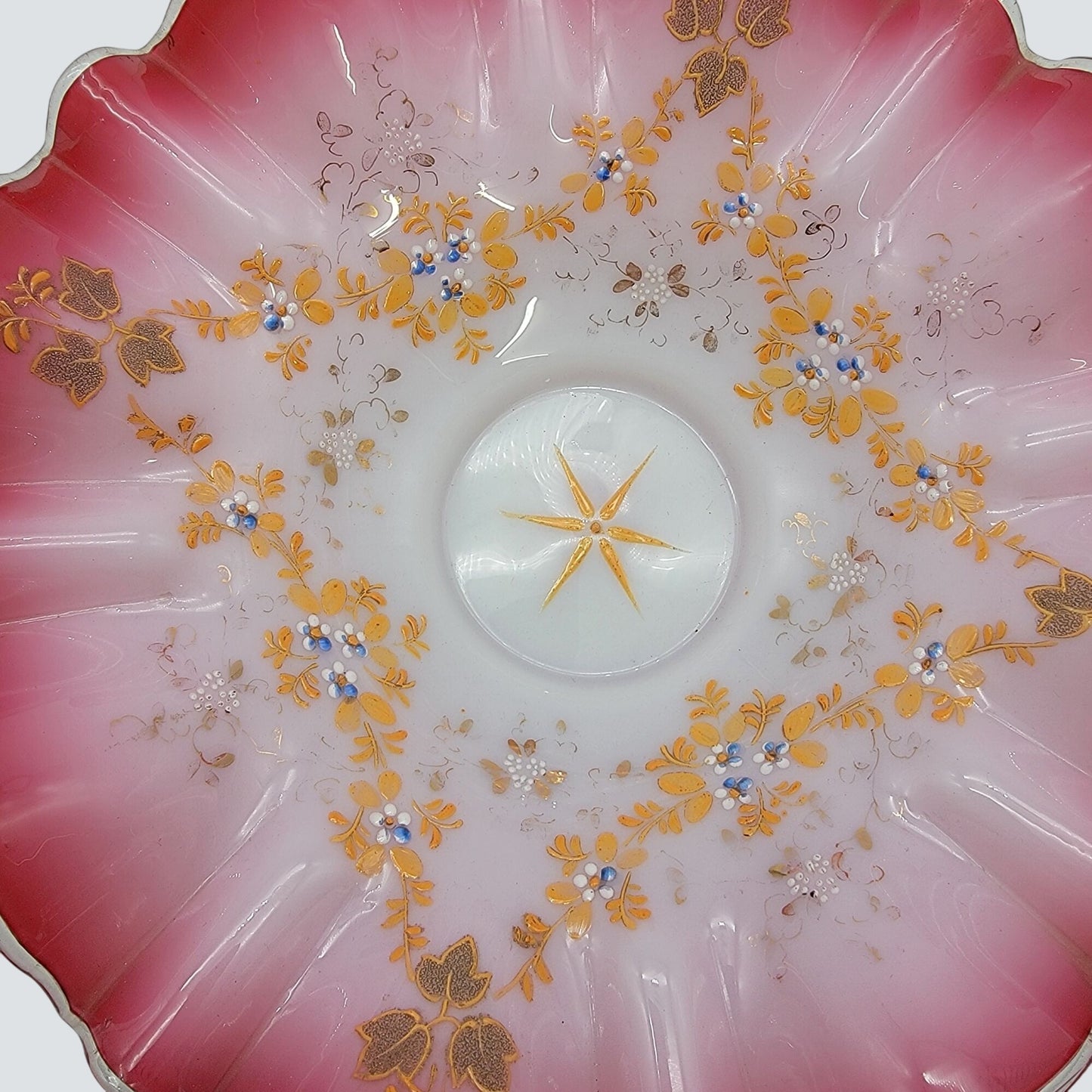 Antique Victorian Hand Painted Glass Brides Basket Pink & White Floral Ruffled Edge