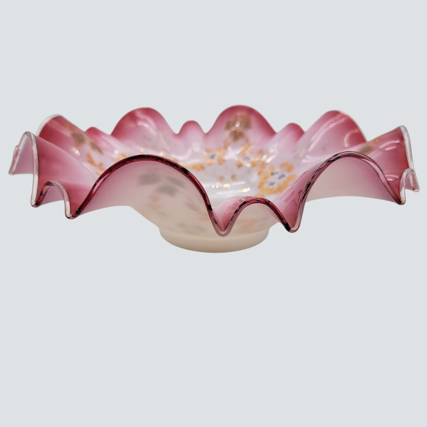 Antique Victorian Hand Painted Glass Brides Basket Pink & White Floral Ruffled Edge