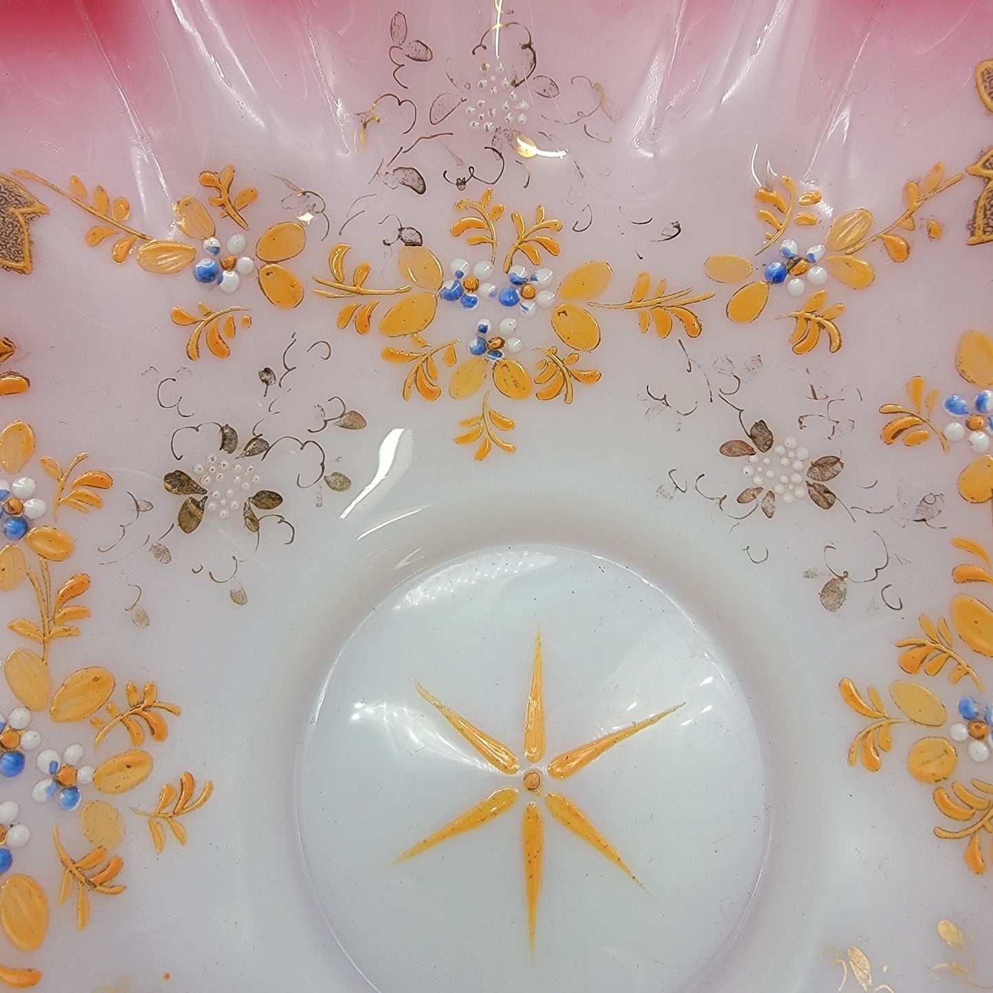 Antique Victorian Hand Painted Glass Brides Basket Pink & White Floral Ruffled Edge