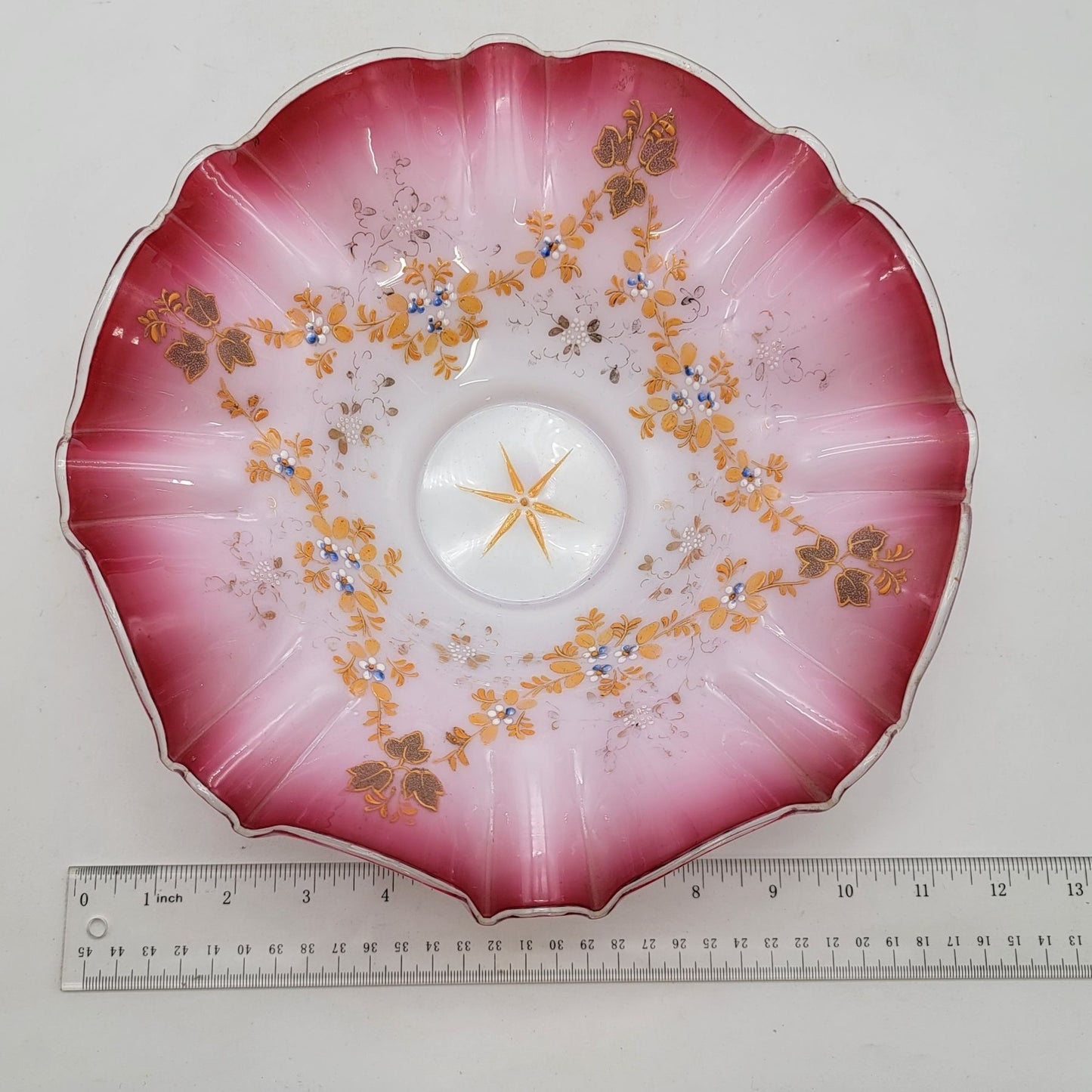 Antique Victorian Hand Painted Glass Brides Basket Pink & White Floral Ruffled Edge