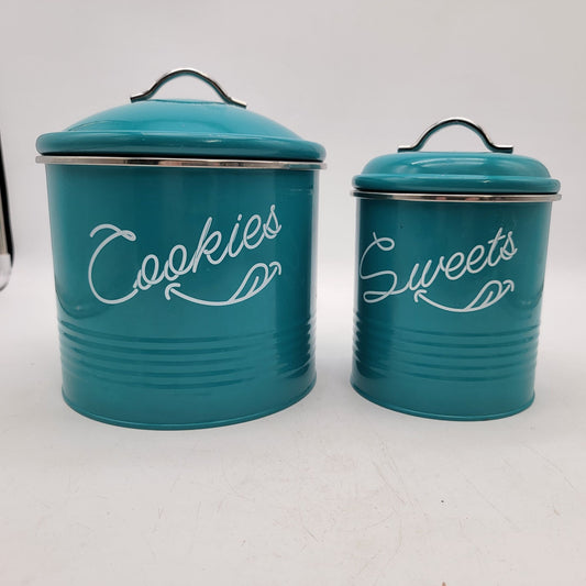 Set Of 2 Teal Metal Cookie & Sweets Storage Canisters With Lids