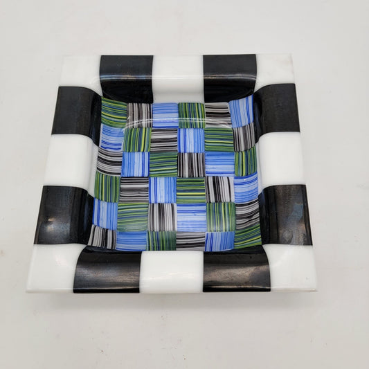 Fused Glass Decorative Bowl With Checkerboard & Striped Design
