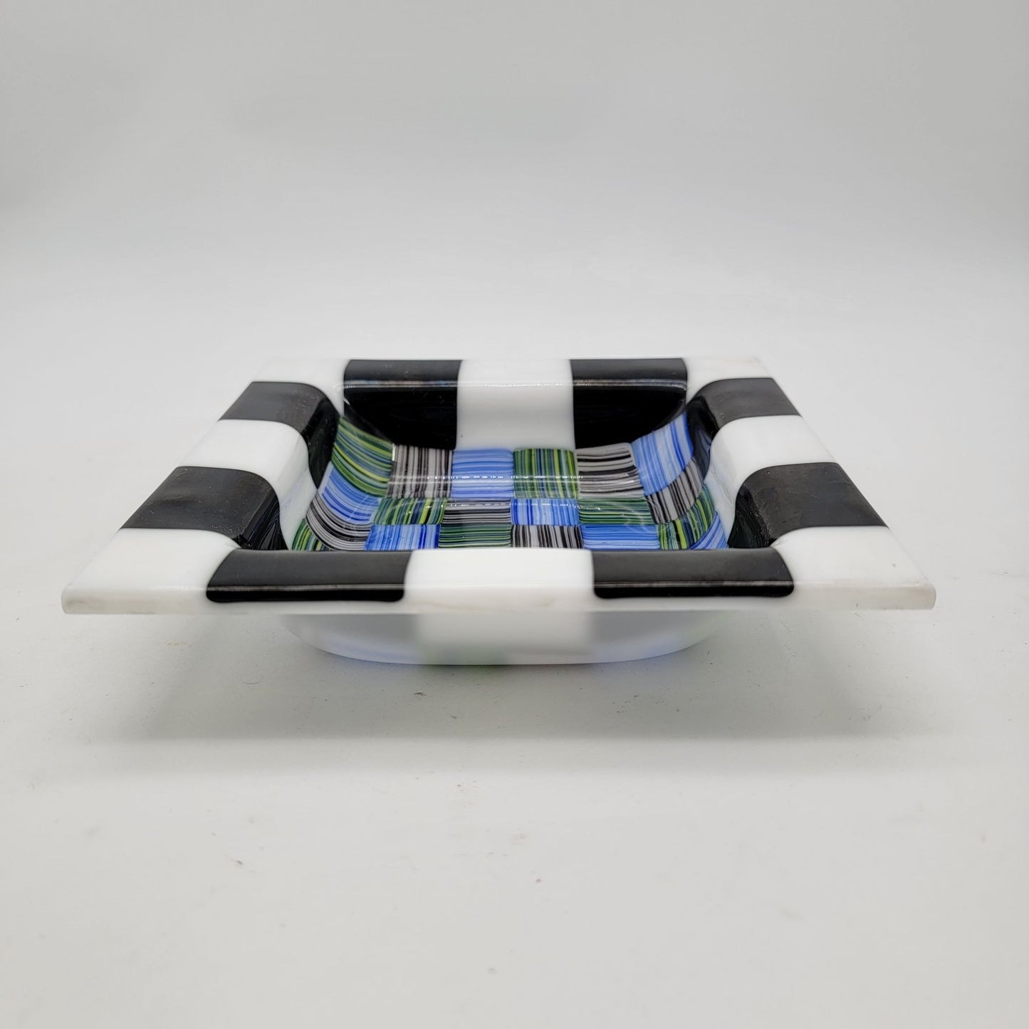 Fused Glass Decorative Bowl With Checkerboard & Striped Design