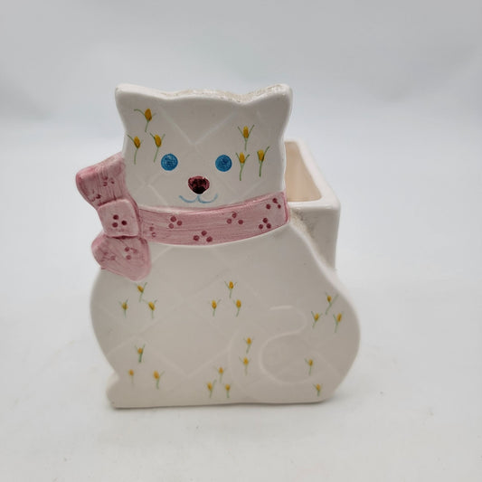 Vintage Cat Planter With Pink Bow