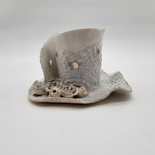 Roses & Lace Pottery Embossed Clay Top Hat Planter Vase