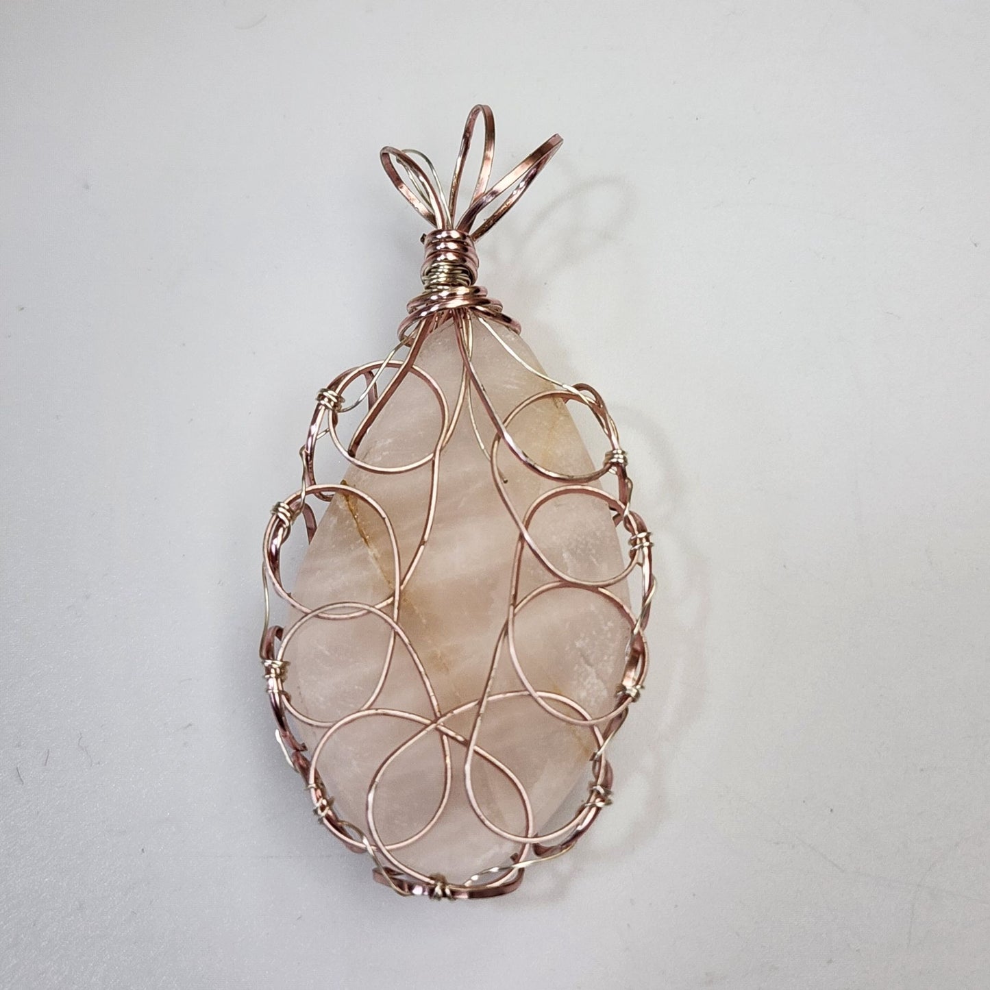 Artisan Copper Wire Wrapped Rose Quartz Pendant