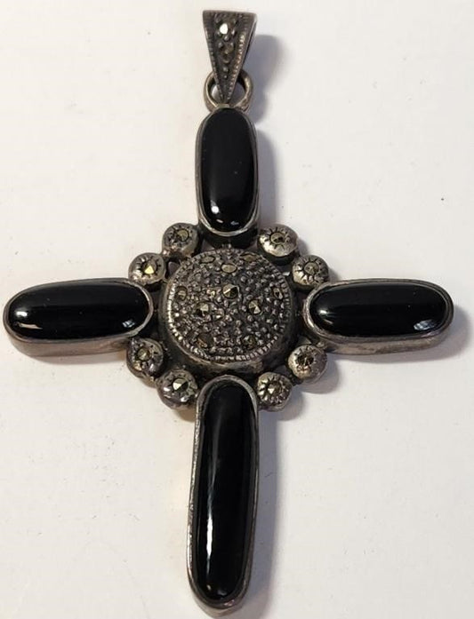 Marcasite Sterling Silver and Onyx Cross Pendant