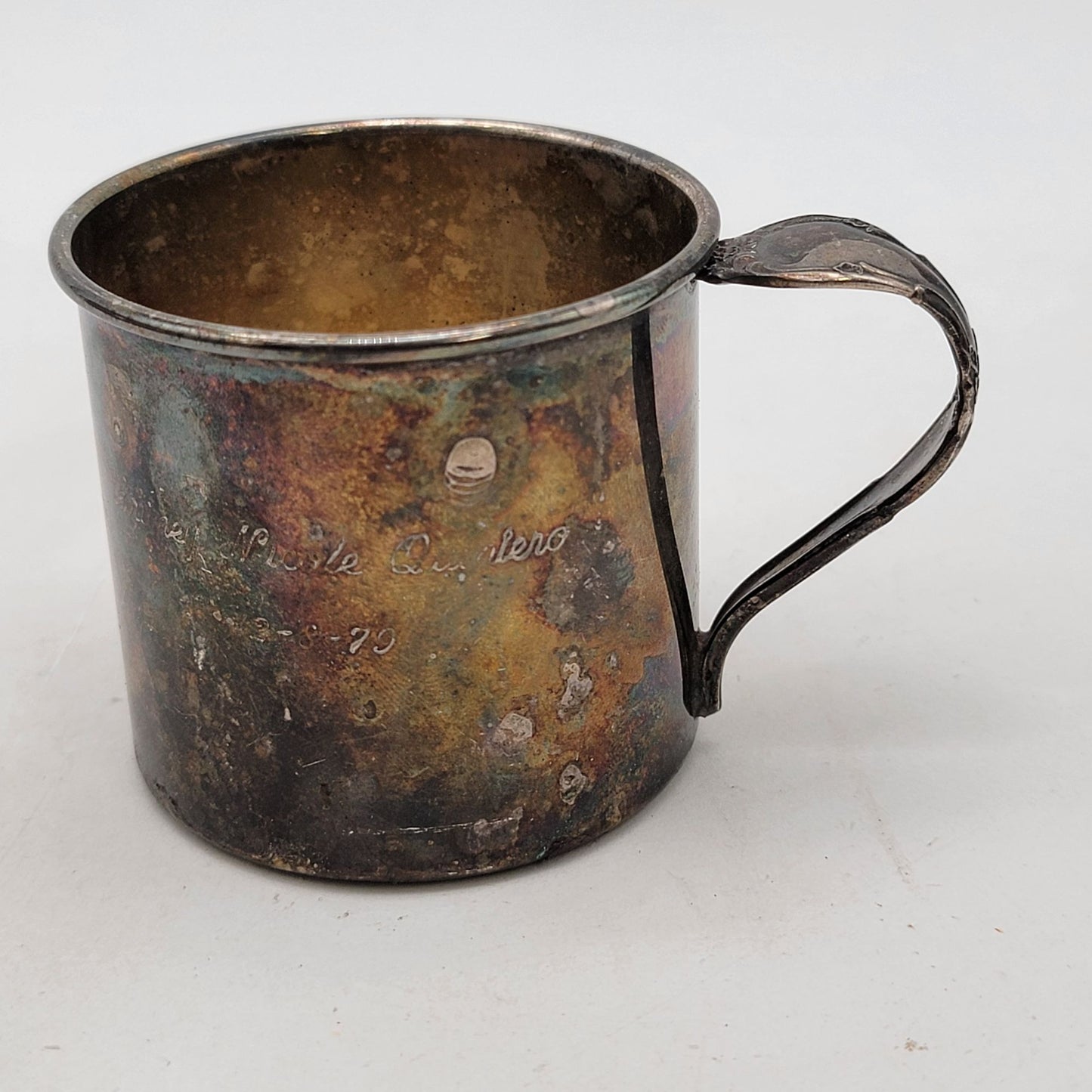 Antique Oneida Silver Plate Baby Cup With Ornate Handle & Patina Finish