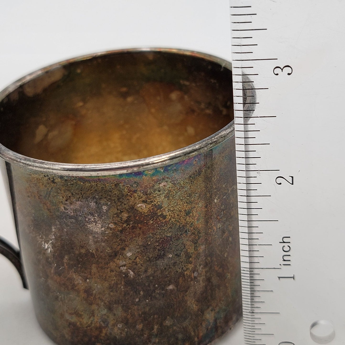 Antique Oneida Silver Plate Baby Cup With Ornate Handle & Patina Finish