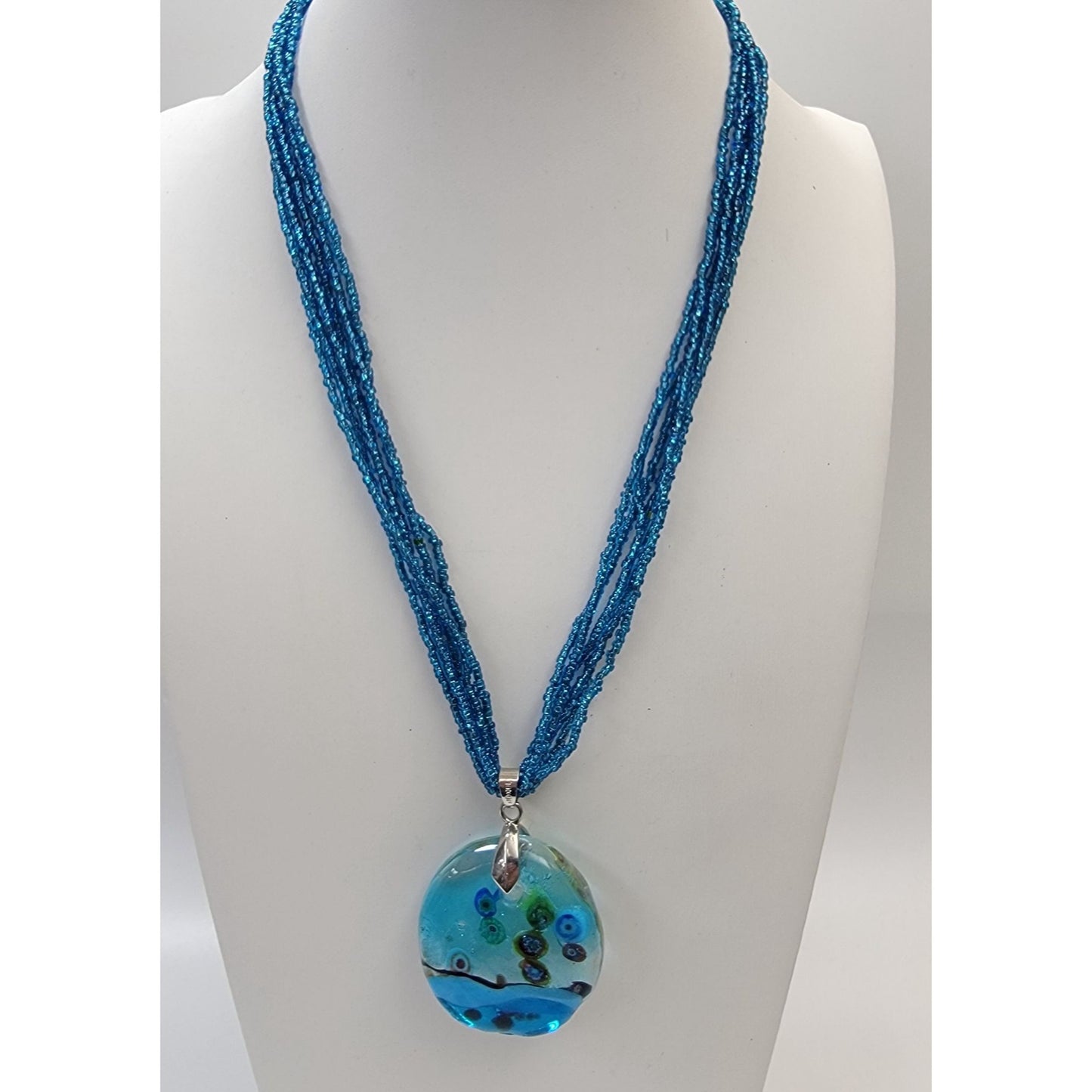 Murano Glass Pendant On 6-Strand Blue Seed Beads Necklace 18KGP