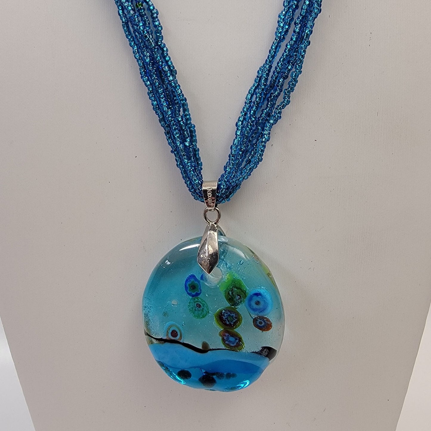 Murano Glass Pendant On 6-Strand Blue Seed Beads Necklace 18KGP