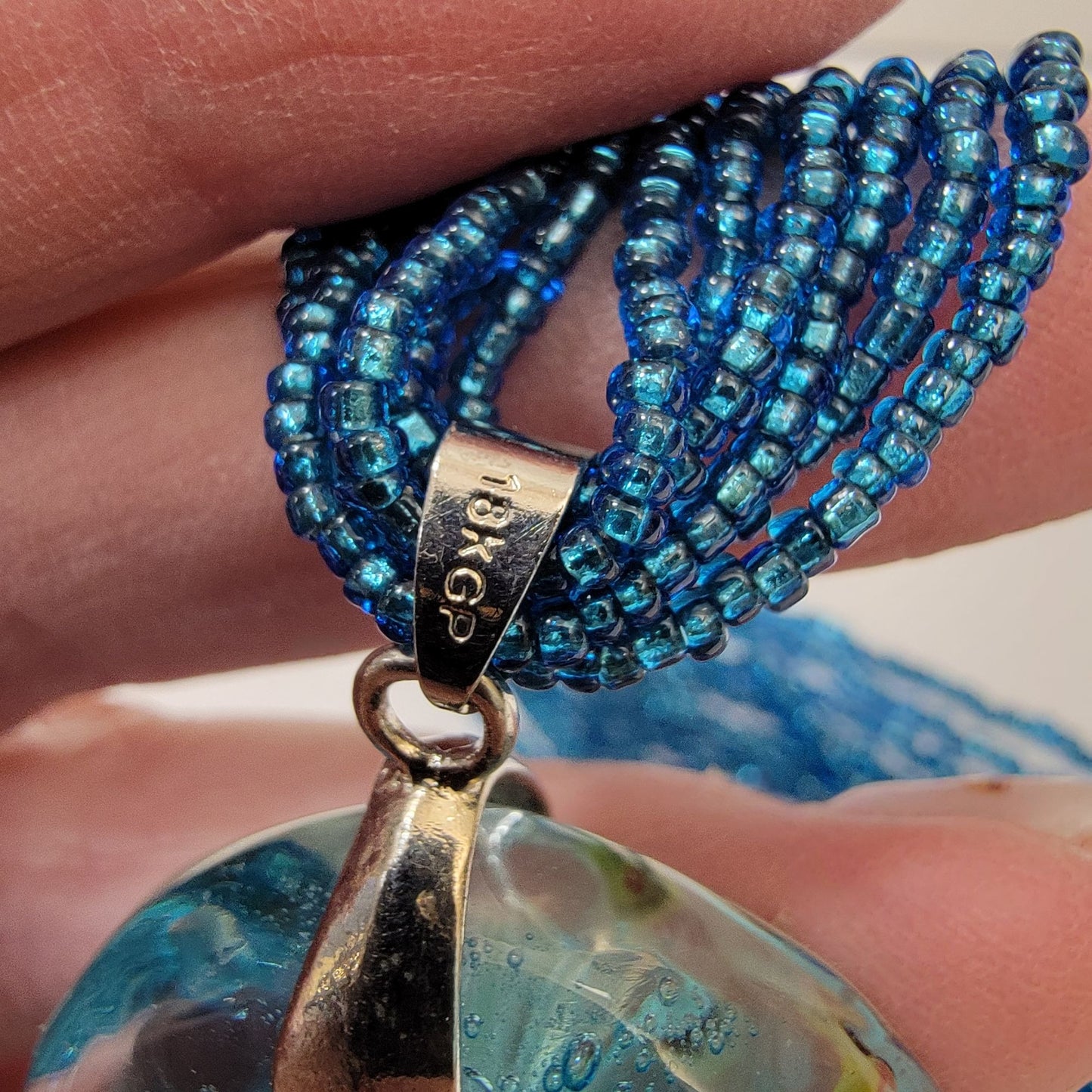 Murano Glass Pendant On 6-Strand Blue Seed Beads Necklace 18KGP