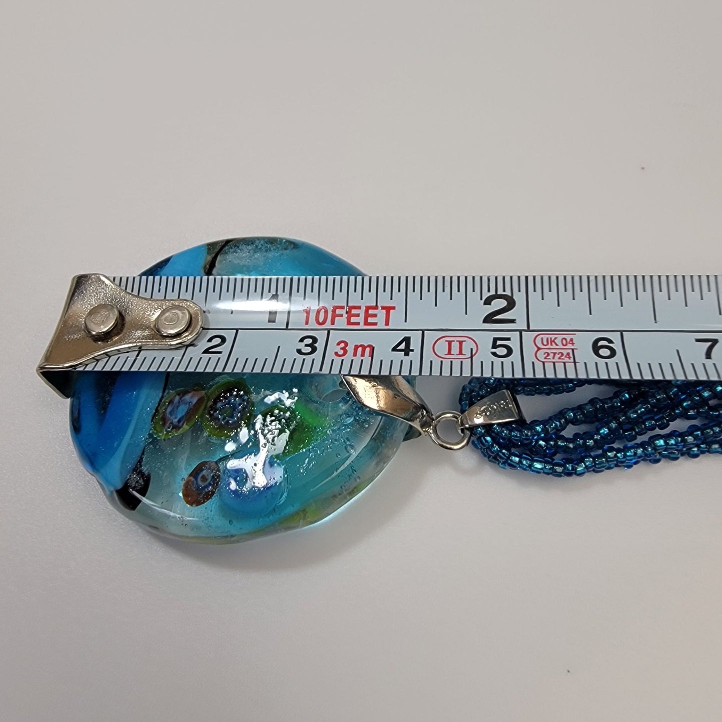 Murano Glass Pendant On 6-Strand Blue Seed Beads Necklace 18KGP