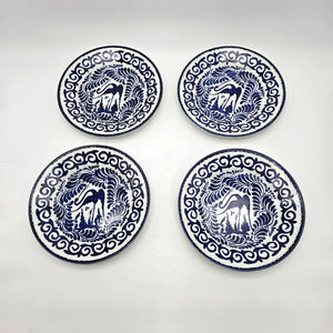 Set Of 4 Vintage Mexican Anfora Puebla Blue Heron Bird Art Pottery Plates