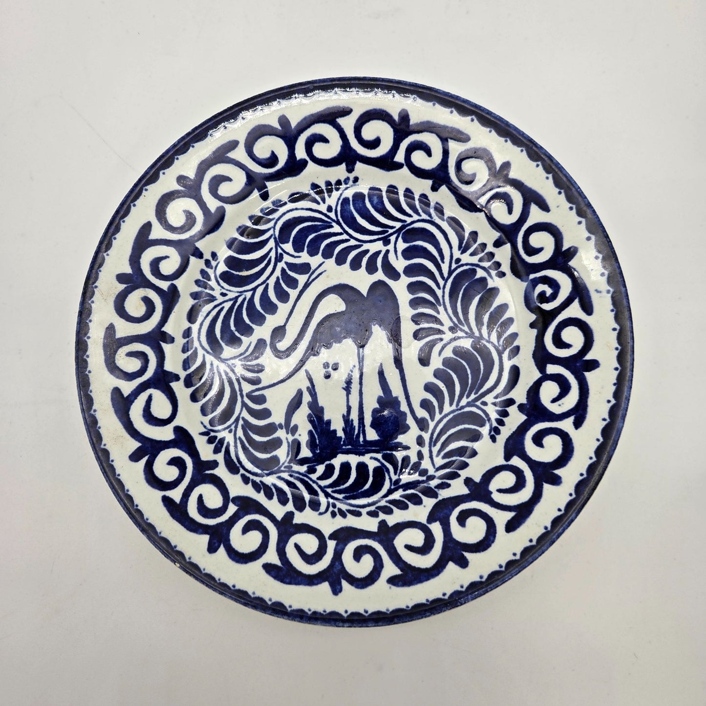 Set Of 4 Vintage Mexican Anfora Puebla Blue Heron Bird Art Pottery Plates