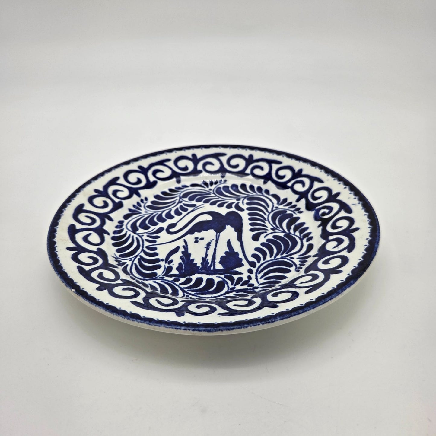 Set Of 4 Vintage Mexican Anfora Puebla Blue Heron Bird Art Pottery Plates