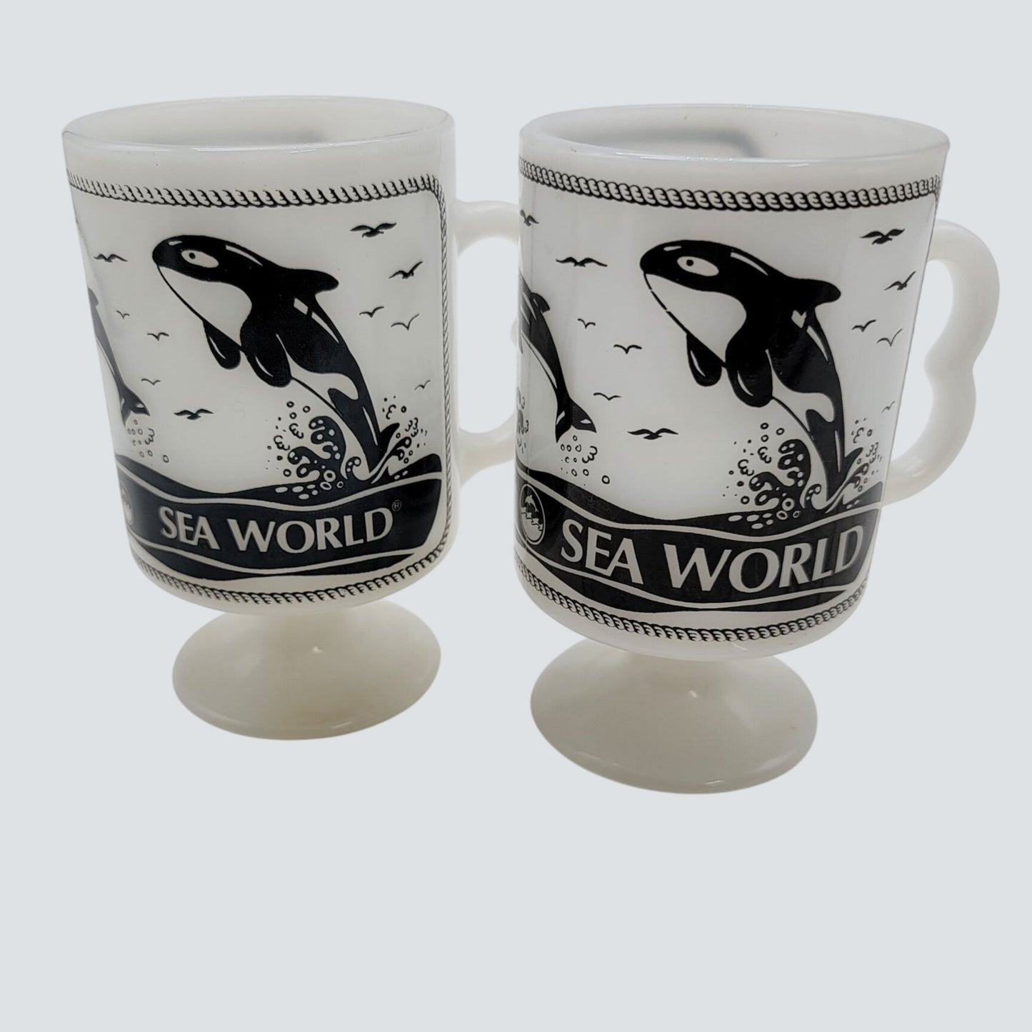 Vintage 1970's Sea World Shamu Killer Whale Footed Milk Glass Mugs Set Of 2