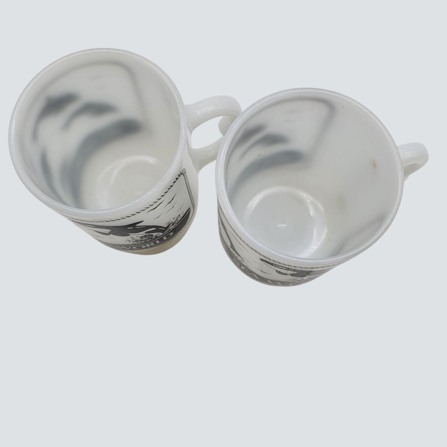 Vintage 1970's Sea World Shamu Killer Whale Footed Milk Glass Mugs Set Of 2