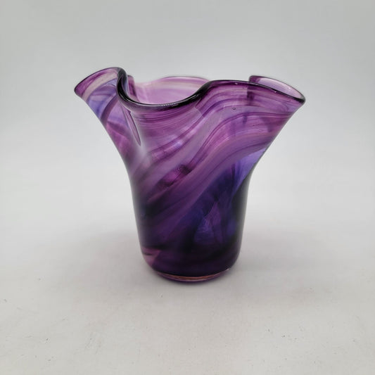 Signed Amethyst Swirl Ruffled Art Glass Vase 1998