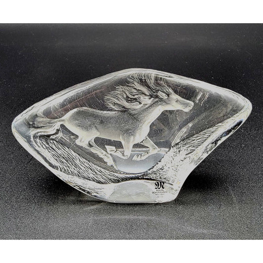 Matts Jonasson Maleras Signed Full Lead Crystal Running Horse Paperweight MJ Sweden 3715