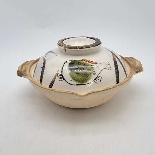 Vintage Japanese Earthenware Donabe Pot With Lid Puffer Fish Design