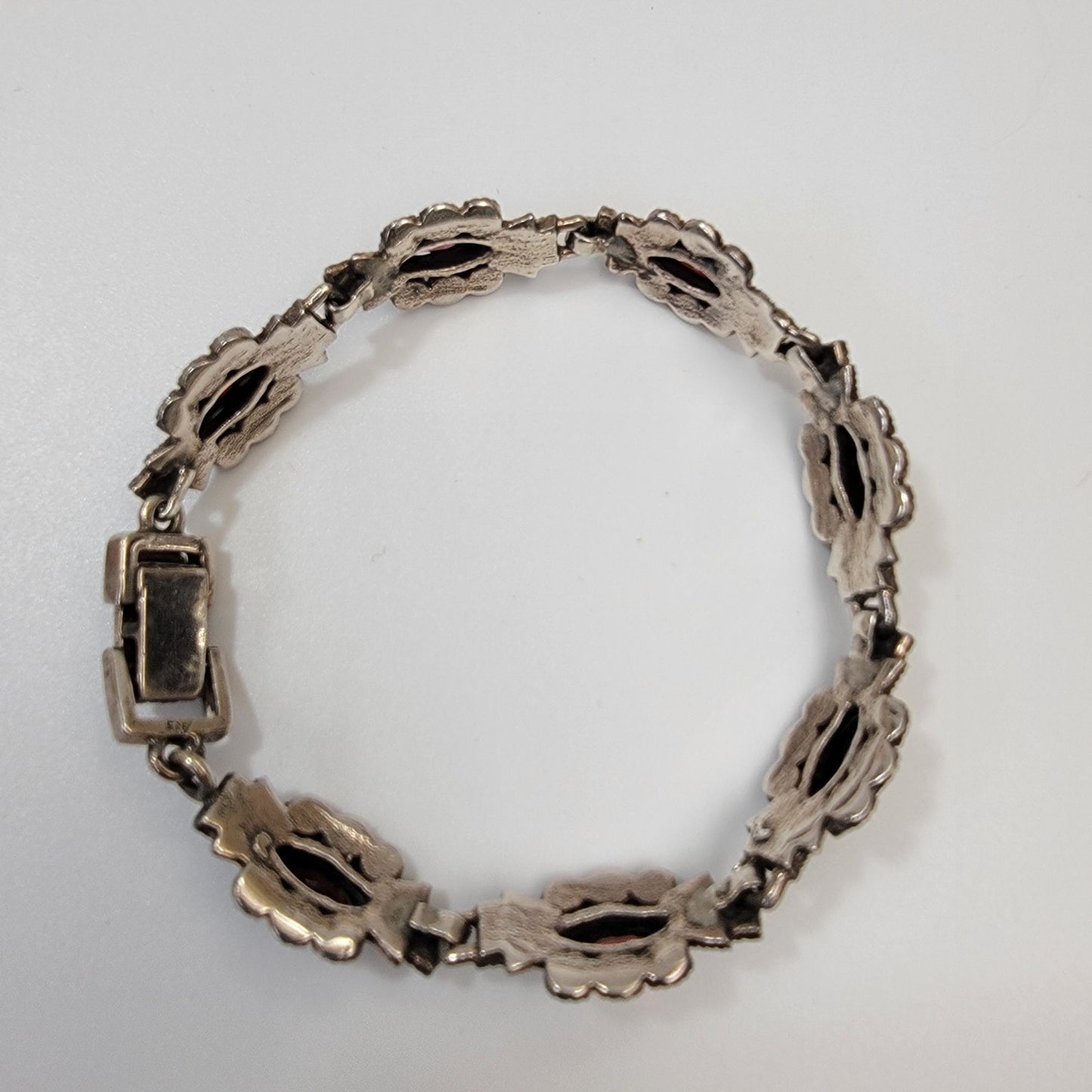 Art Deco 925 Sterling Silver Marcasite & Garnet Bracelet Size 6.75