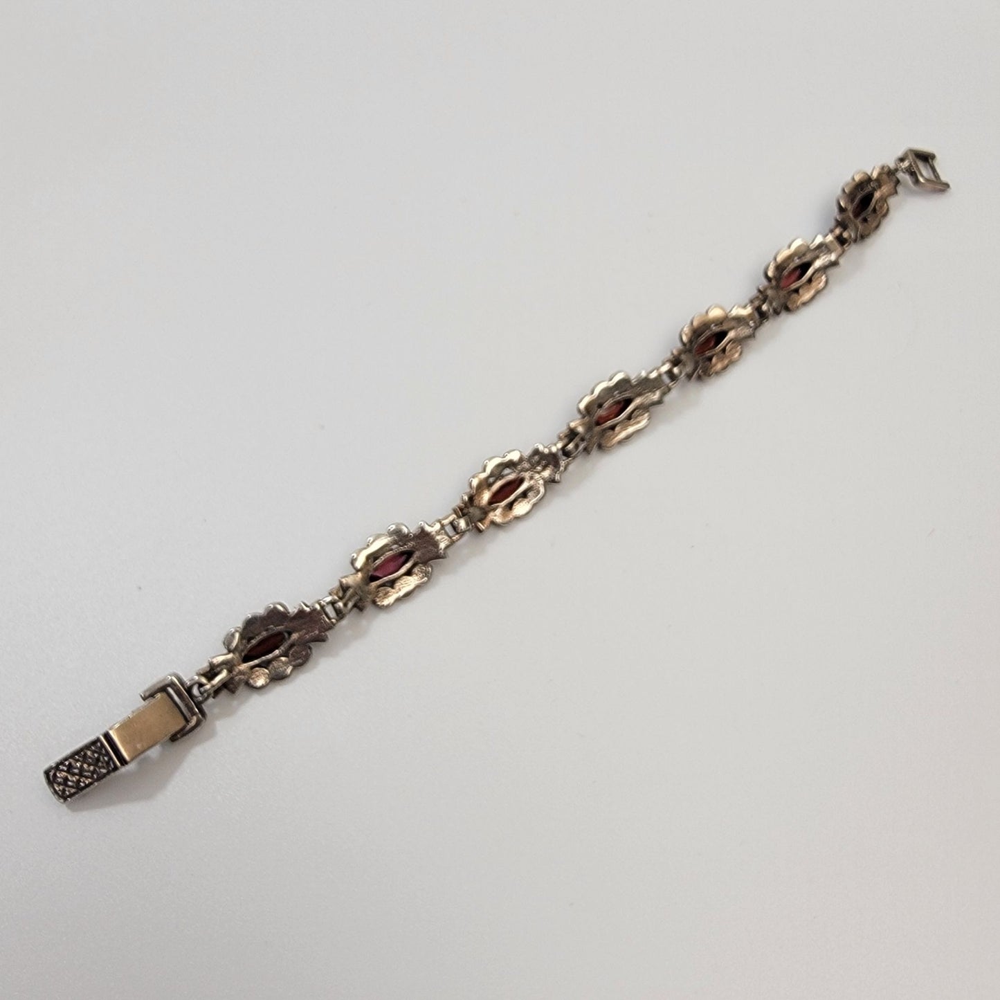 Art Deco 925 Sterling Silver Marcasite & Garnet Bracelet Size 6.75