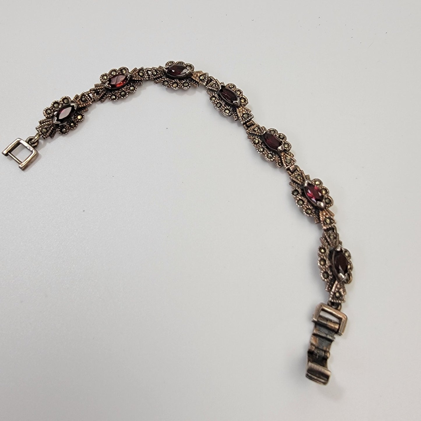 Art Deco 925 Sterling Silver Marcasite & Garnet Bracelet Size 6.75