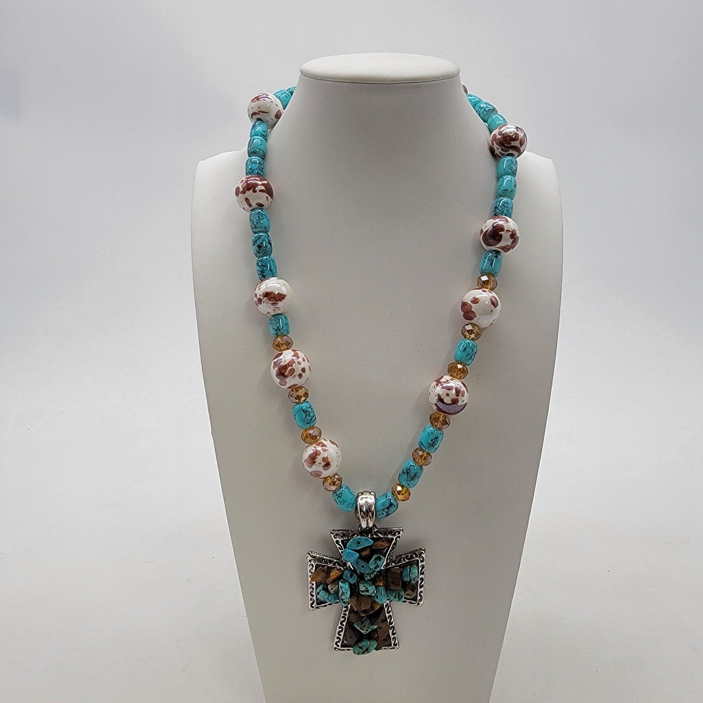 Turquoise Tigers Eye Cross Pendant Necklace