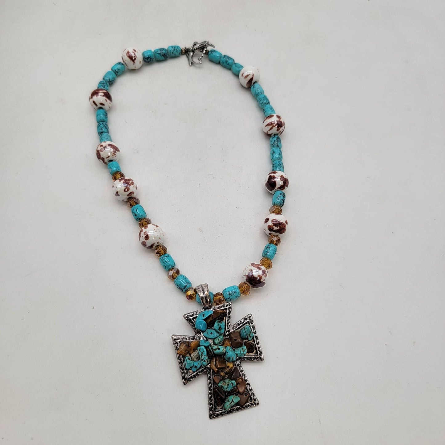 Turquoise Tigers Eye Cross Pendant Necklace