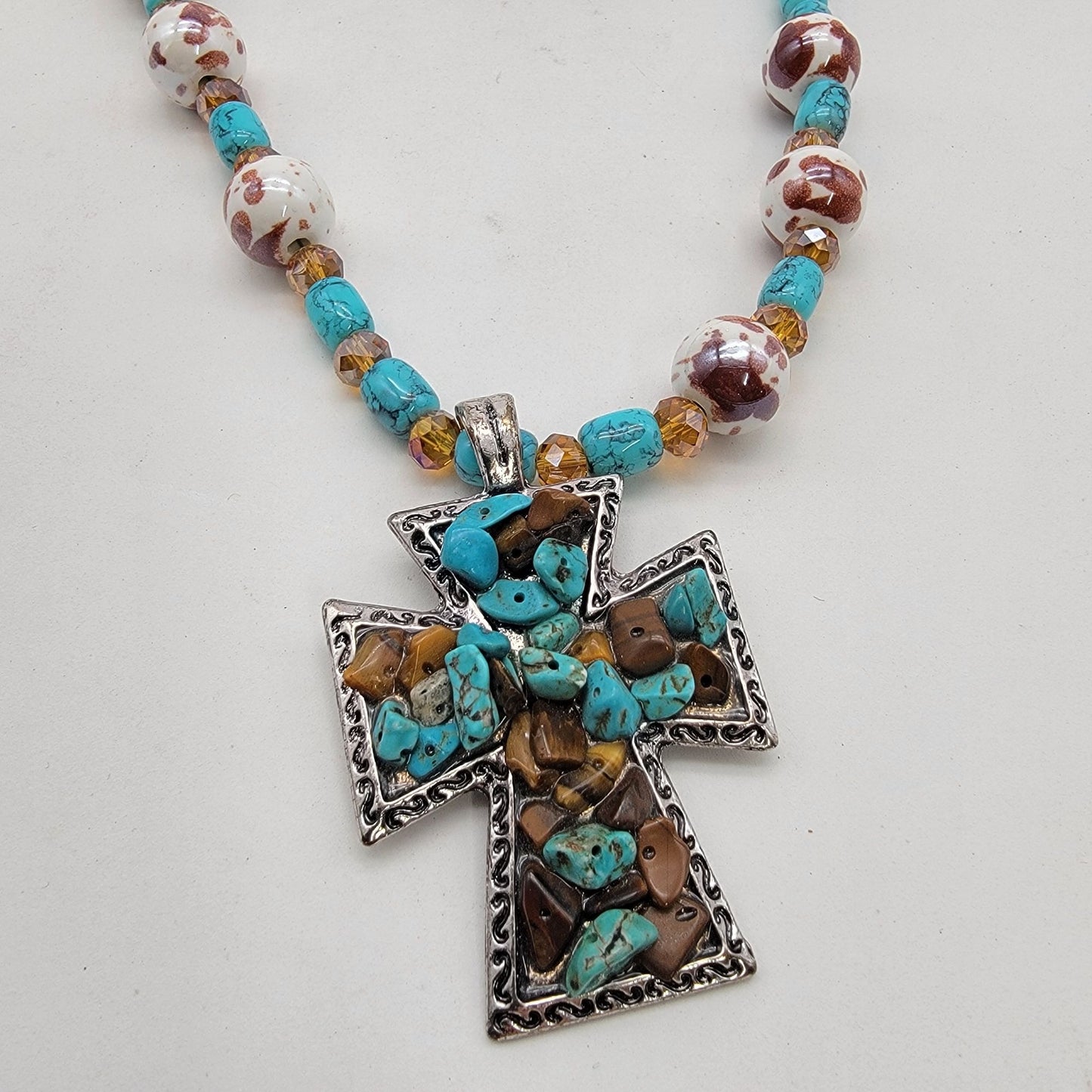Turquoise Tigers Eye Cross Pendant Necklace
