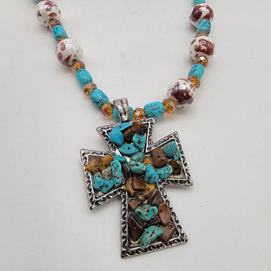 Turquoise Tigers Eye Cross Pendant Necklace