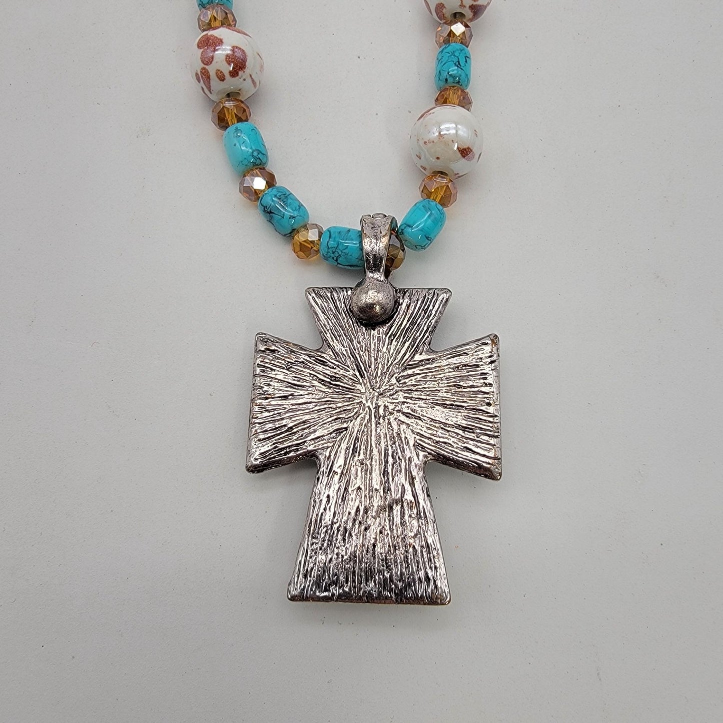 Turquoise Tigers Eye Cross Pendant Necklace