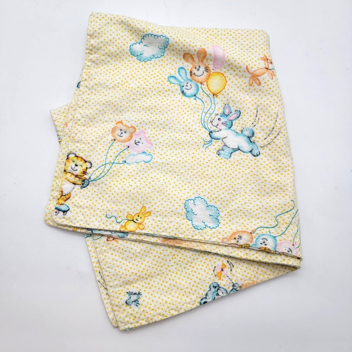 Vintage 1980s Dundee Mills Baby Receiving Blanket Cartoon Animals Yellow Polka Dot