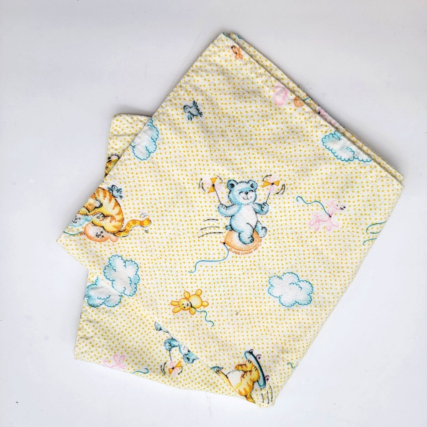Vintage 1980s Dundee Mills Baby Receiving Blanket Cartoon Animals Yellow Polka Dot