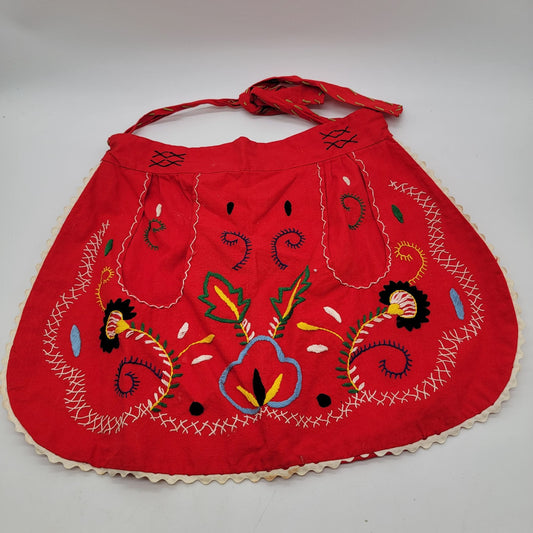 Vintage 1960s Red Portugal Madeira Embroidered Apron