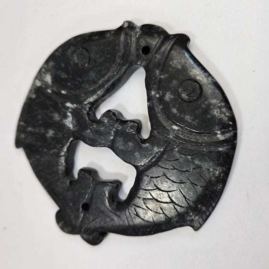 Carved Black Nephrite Jade Double Koi Fish Pendant