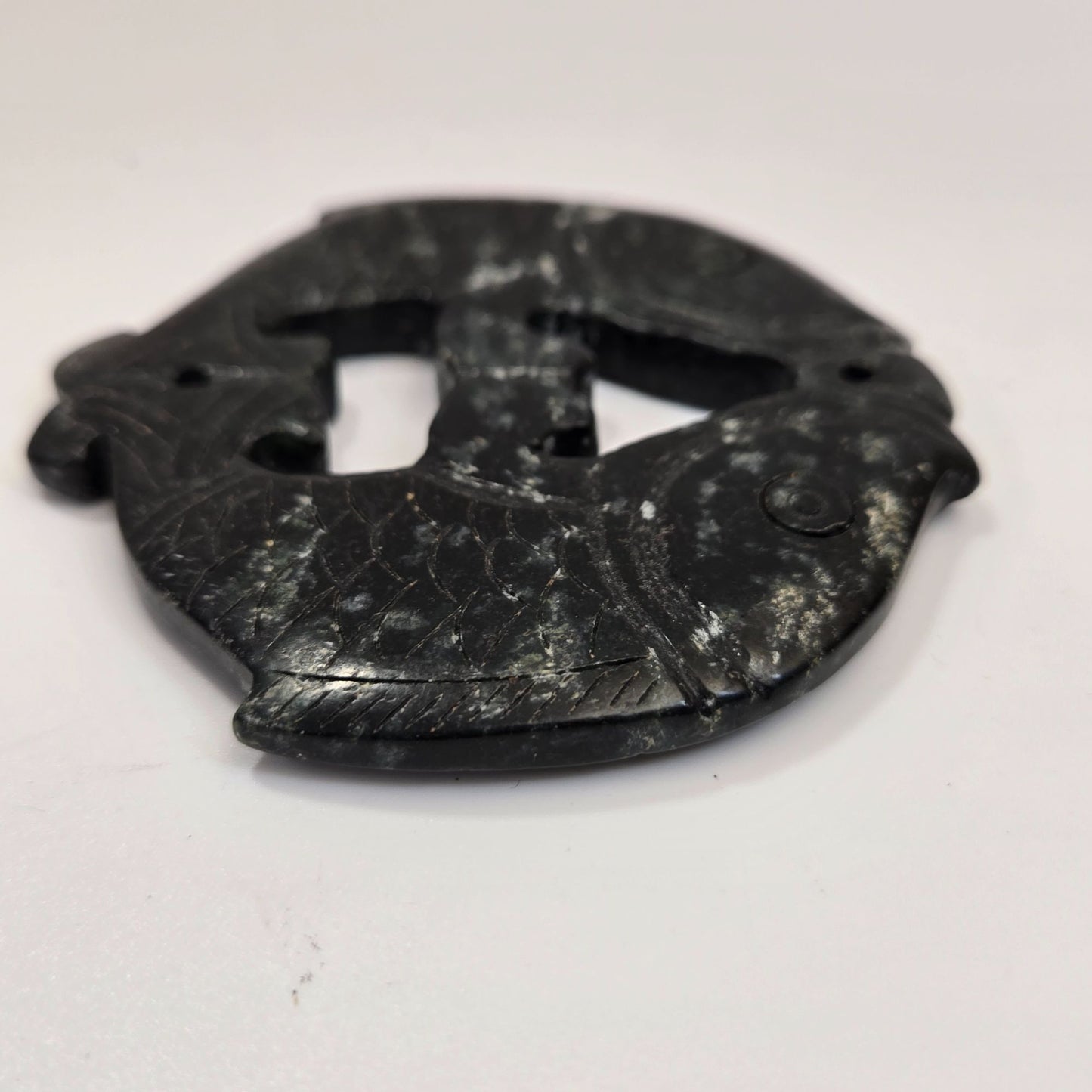 Carved Black Nephrite Jade Double Koi Fish Pendant