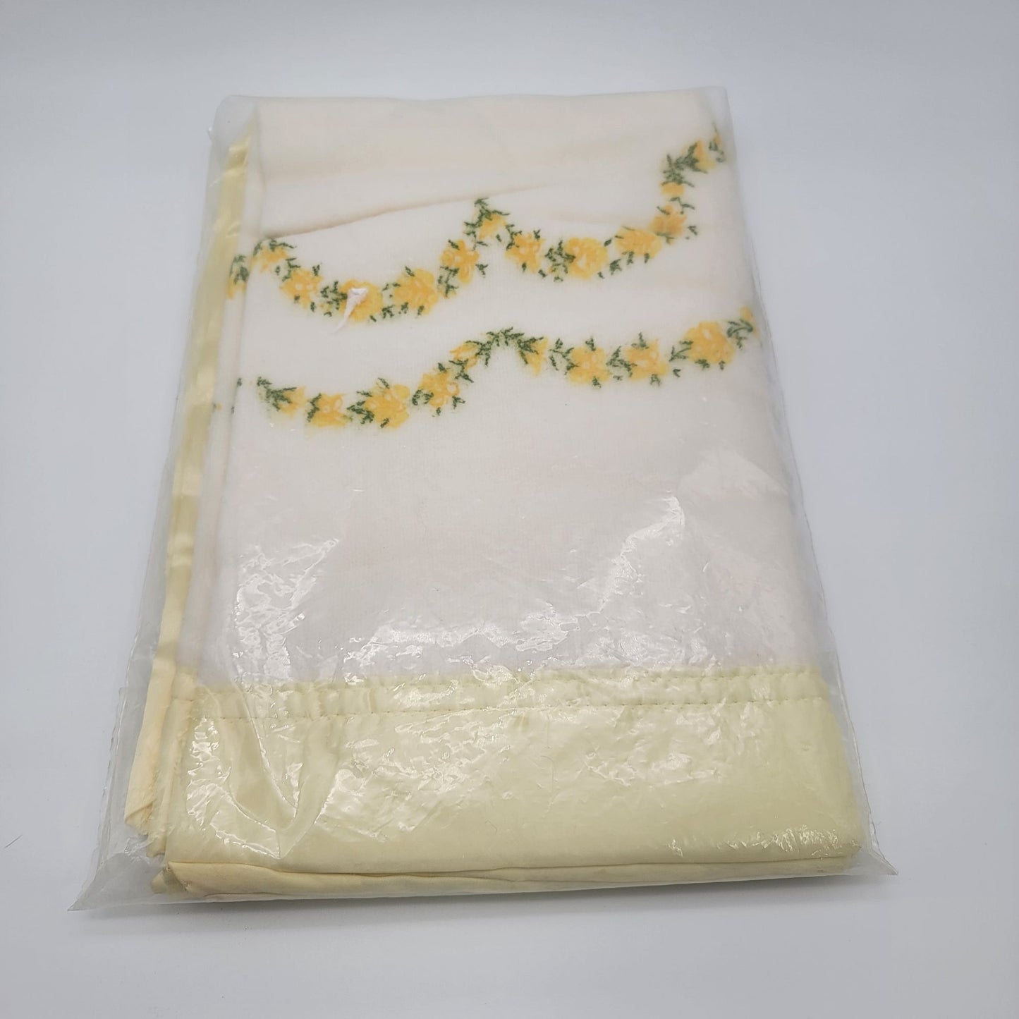 Vintage Small Blanket Yellow Satin Edge Floral Embroidery New Old Stock