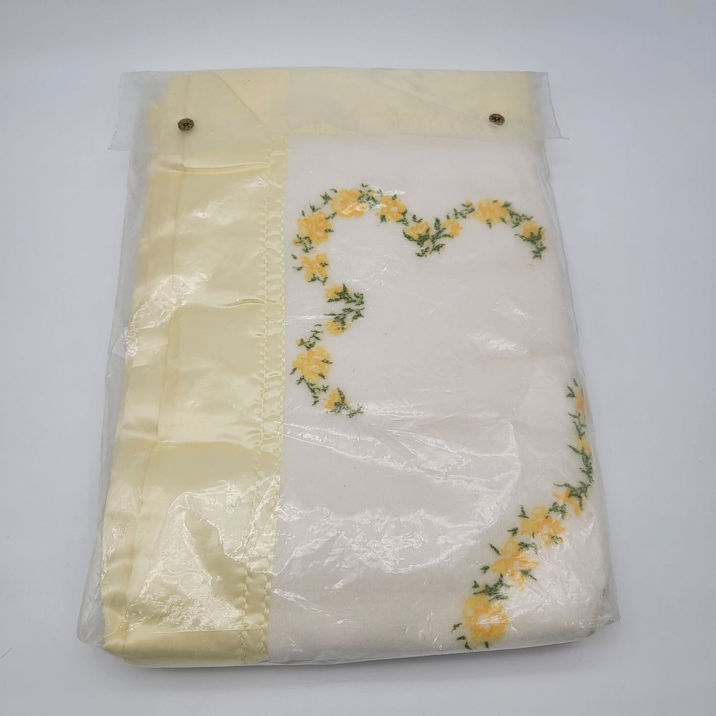 Vintage Small Blanket Yellow Satin Edge Floral Embroidery New Old Stock