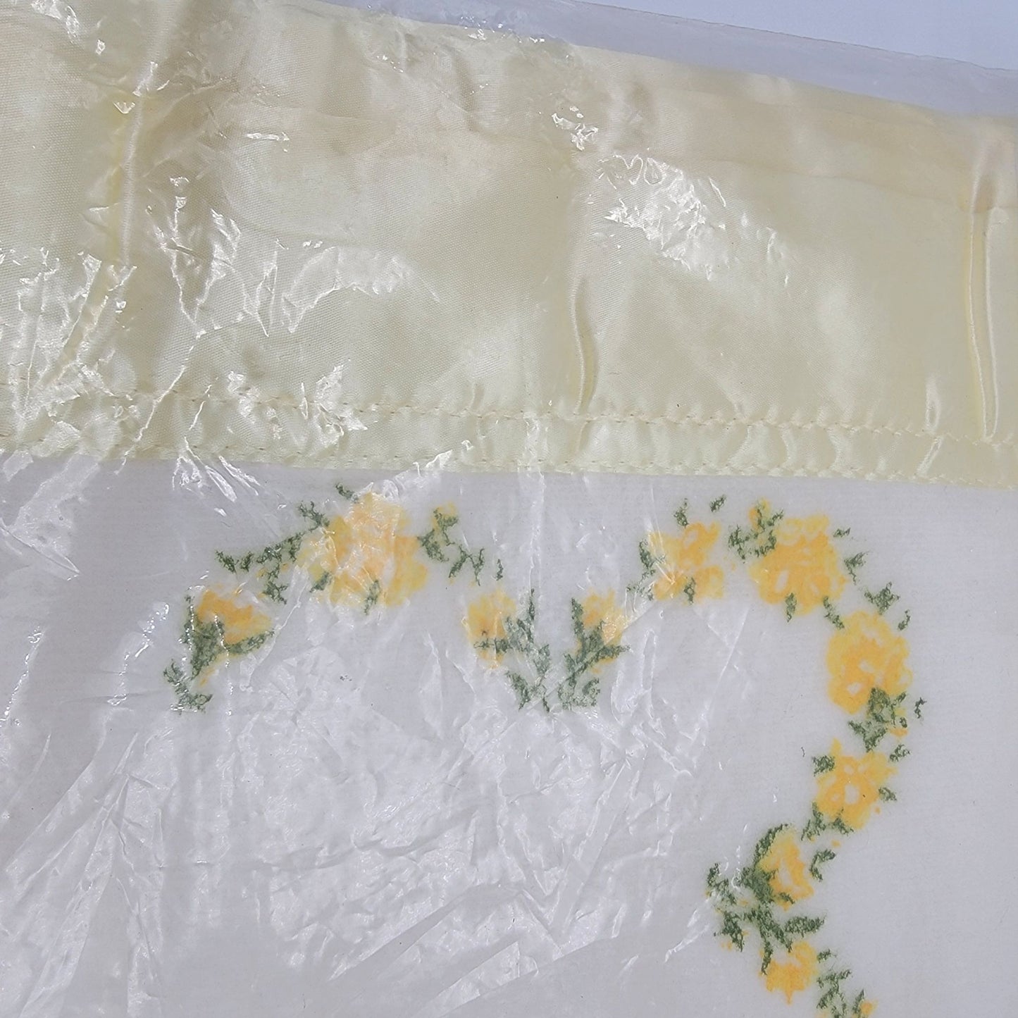 Vintage Small Blanket Yellow Satin Edge Floral Embroidery New Old Stock