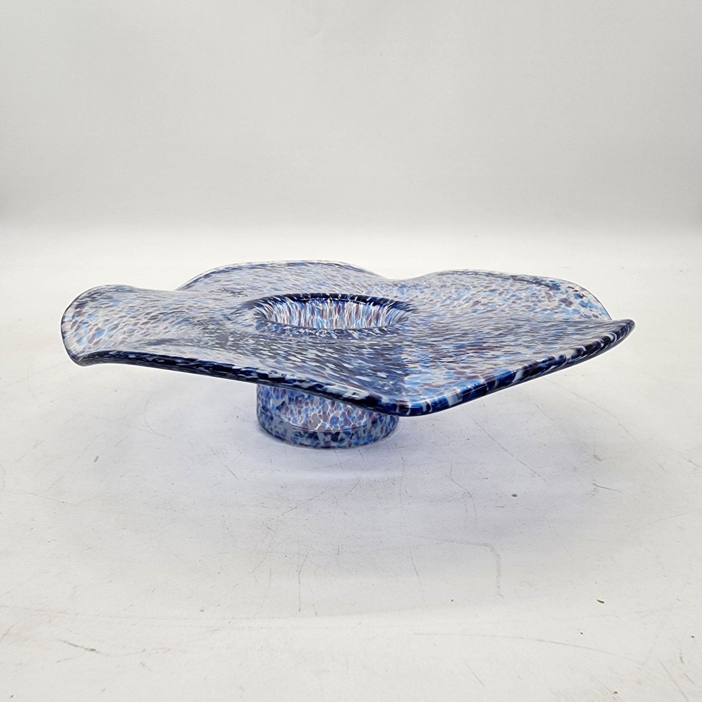 Vintage Round Wavy Blue Speckled Art Glass Candle Holder