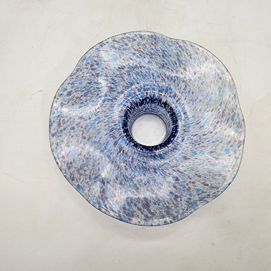 Vintage Round Wavy Blue Speckled Art Glass Candle Holder
